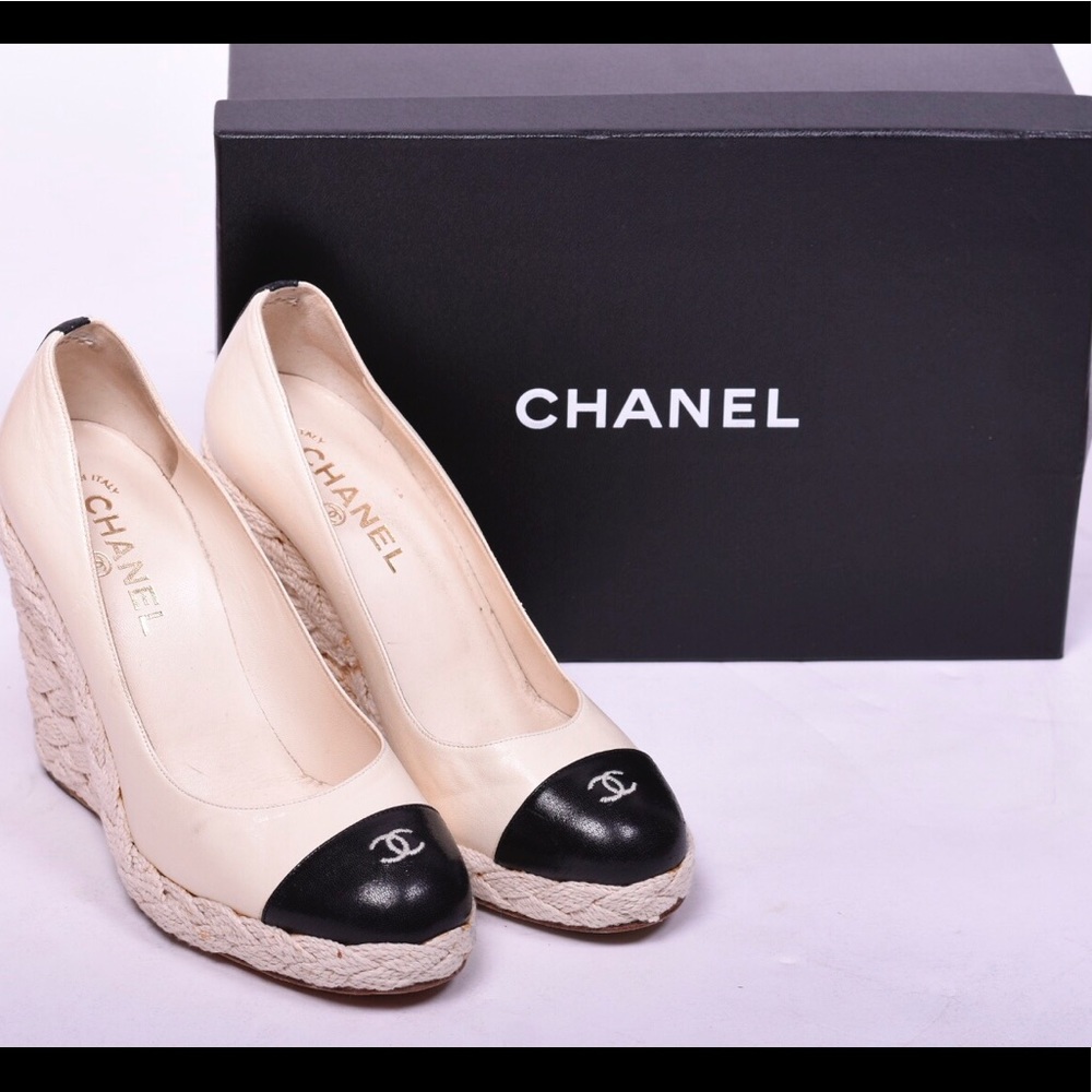 CHANEL Cap Toe Espadrille Wedge Pumps